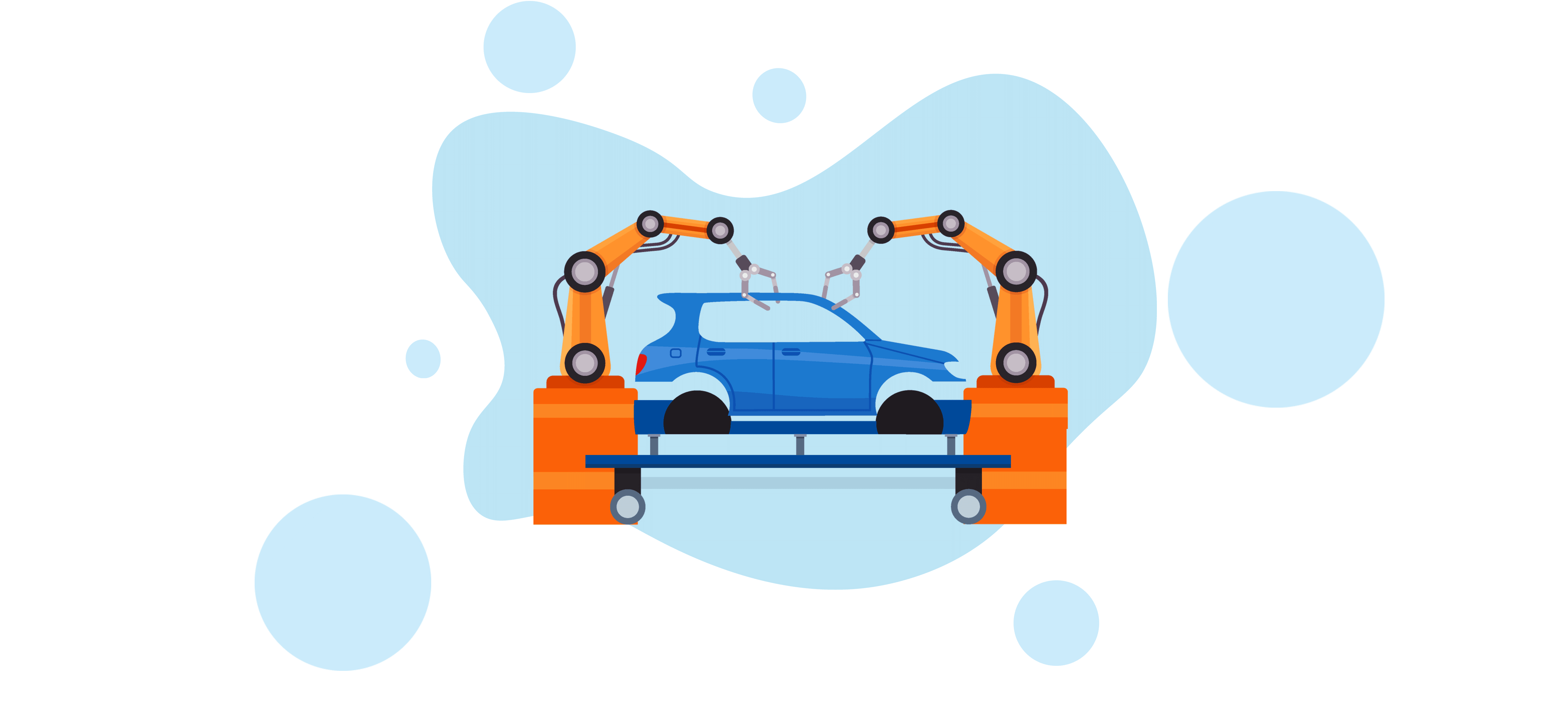 An illustration of a car being made with robot arms assembling parts.