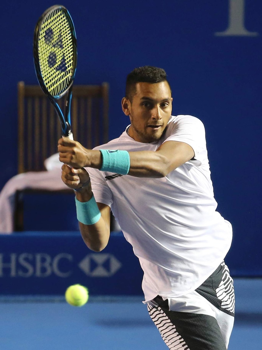 Nick Kyrgios plays a backhand against Sam Querrey at the Mexican Open