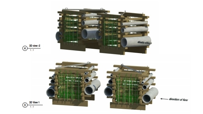 Computer-generated construction plans showing the cube-shaped fish hotels built from pipes, trees and wooden planks.