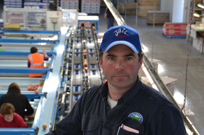 Hansen Orchards owner and cherry grower, Howard Hansen, in  front of a production line.