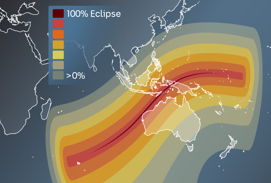 Illustration of the path of the total and partial eclipse across Australia