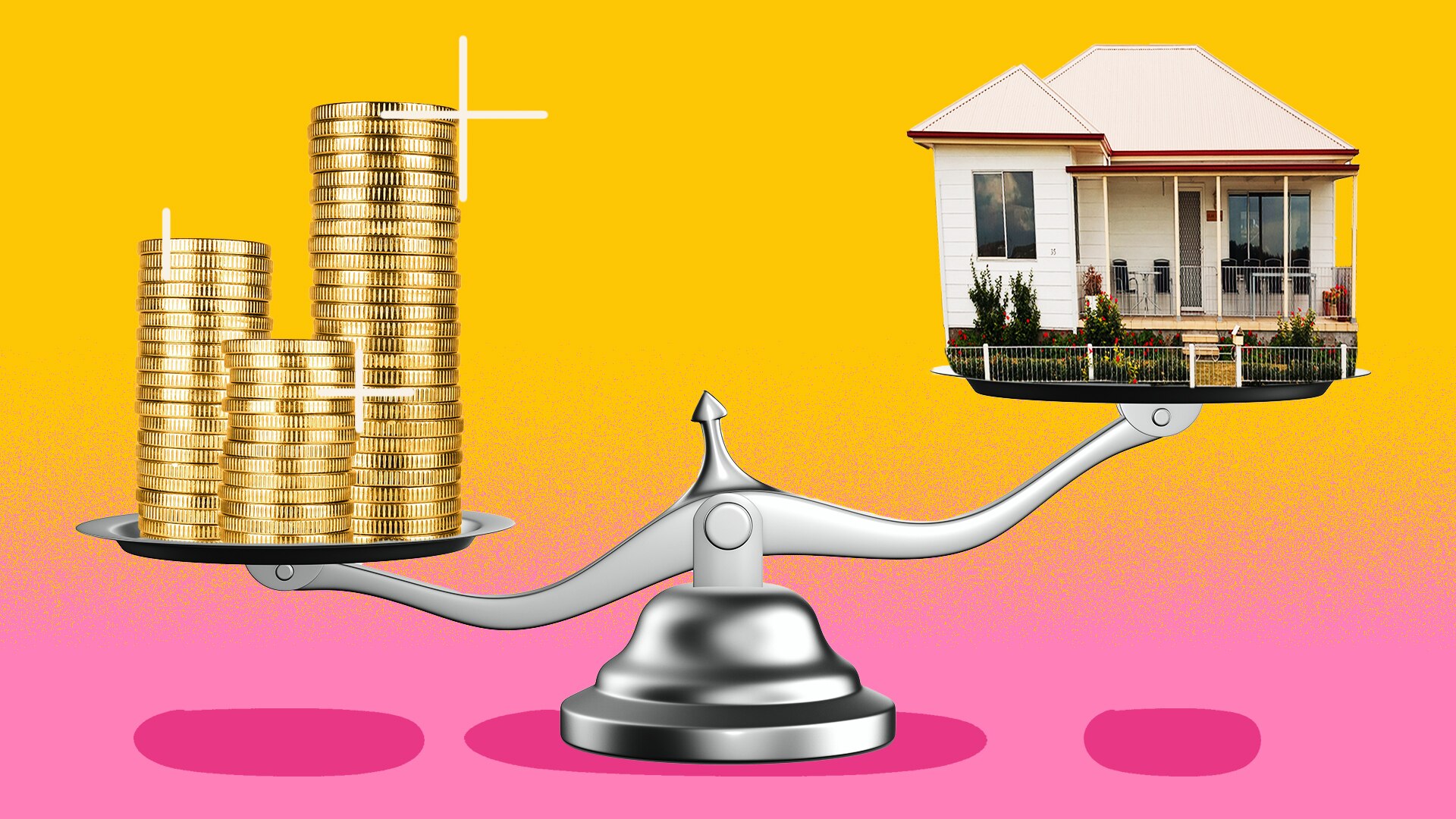 An illustration shows an old-fashioned scale with a home on one side and coin on the other.