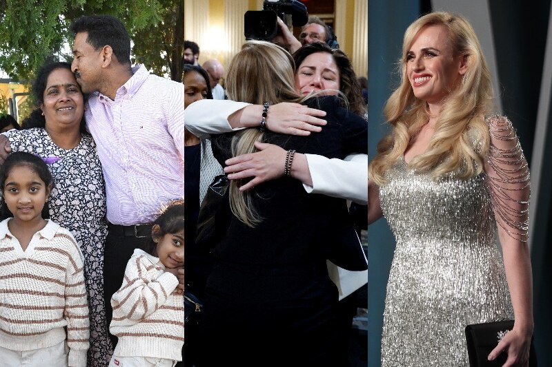 composite image of the Nadesalingam family, two women embracing during capitol riot hearing, rebel wilson on red carpet