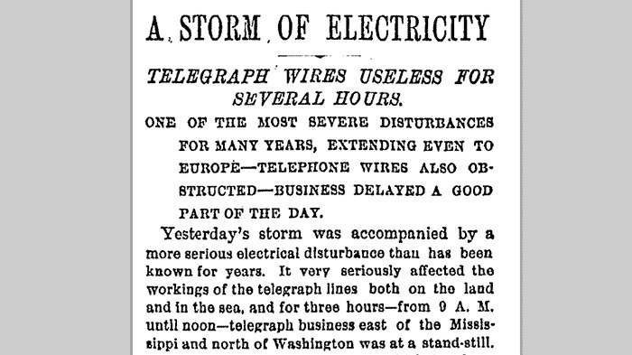 The NYT reports on the impact of a solar storm in November 1882.