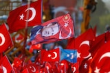A flag with the picture of Turkey's President Tayyip Erdogan.