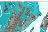 A map shows estimated inundation at the Port of Brisbane from a moderate sea level rise in the year 2100