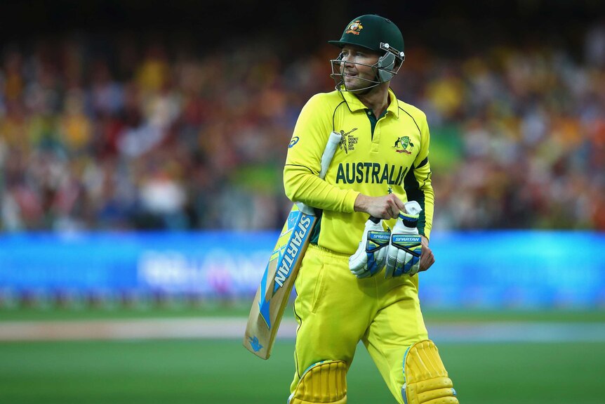 Australia's Michael Clarke looks dejected after being dismissed by Pakistan's Wahab Riaz.