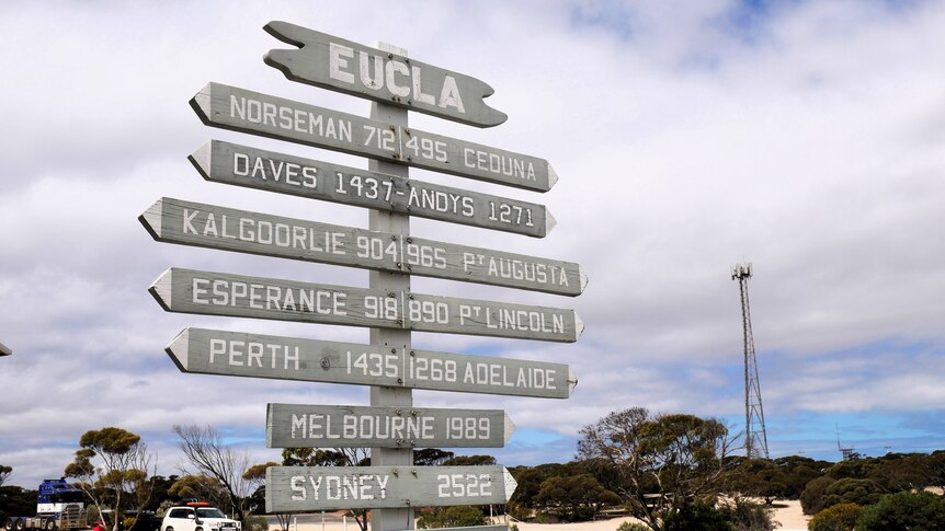 Eucla sign showing distance to other towns and cities.