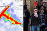 Composite image shows a man on his phone in a crowd alongside a heatmap showing metadata information.