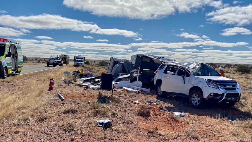 The wrecked remains of a caravan following a crash.