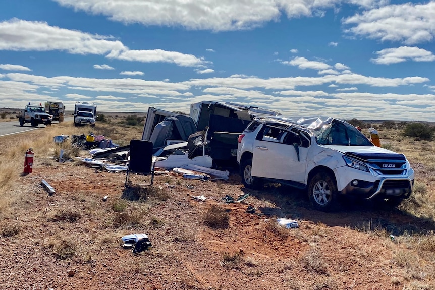 The wrecked remains of a caravan following a crash.