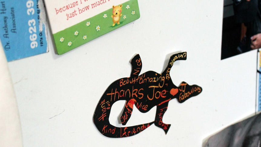 A thank you note on a fridge in the shape of a goanna.