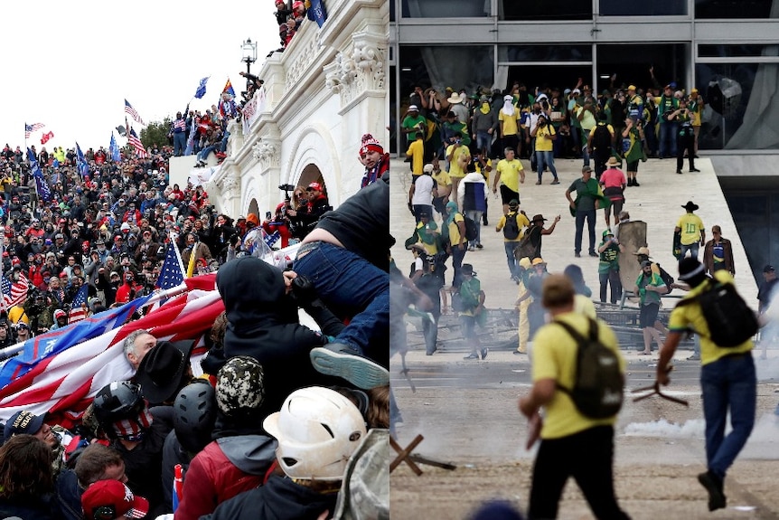 An image split down the middle shows similar crowds of protesters with flags entering official looking buildings