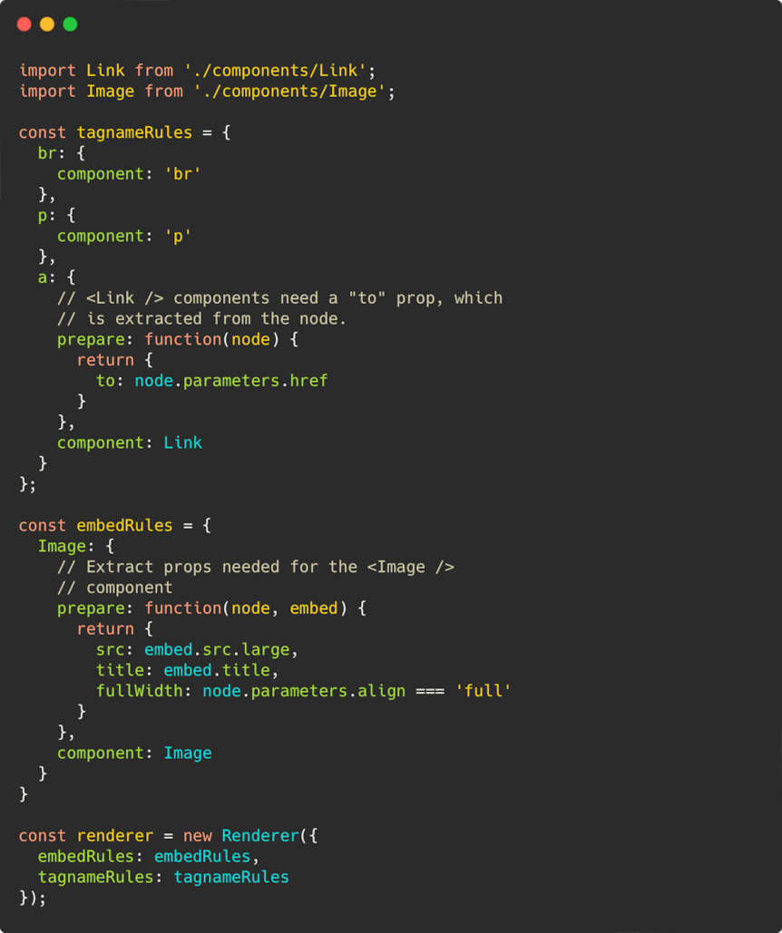 A JavaScript code block showing the properties of the Renderer class