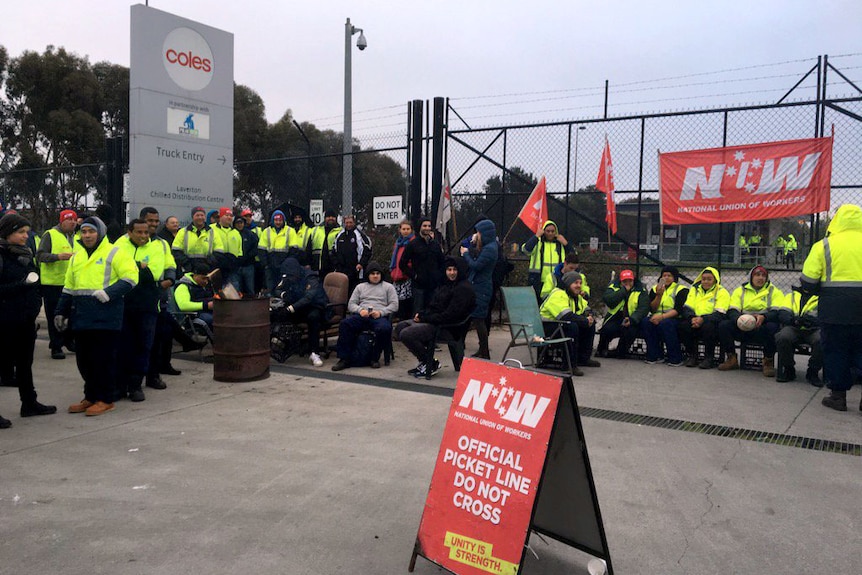 Workers at a Coles distribution centre on strike at Truganina, Victoria