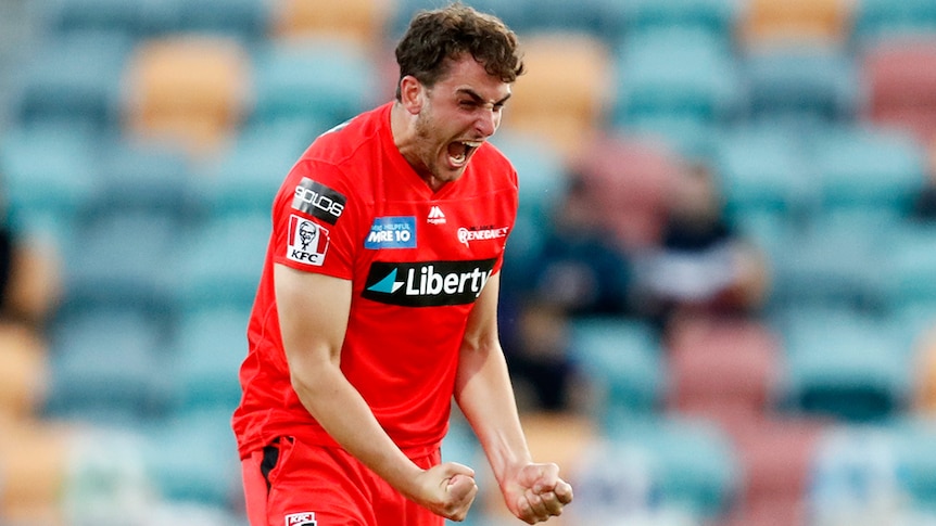 Melbourne Renegades bowler Peter Hatzoglou celebrates a wicket.