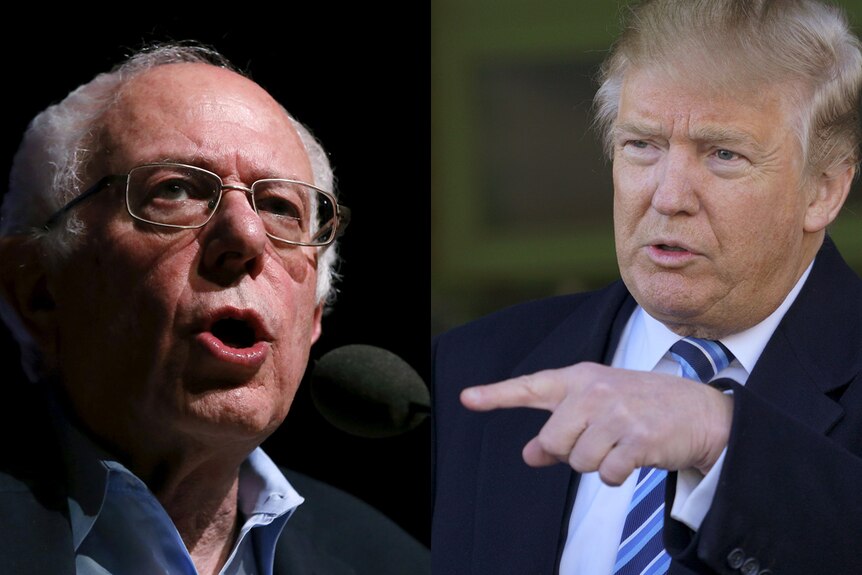 Two images stitched together show Bernie Sanders speaking into a microphone and Donald Trump pointing