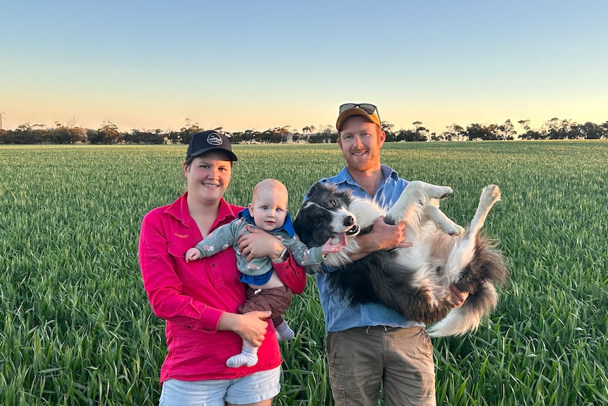 A woman in a pink shirt holds a baby next to a man in a blue shirt holding a farm dog. They are in a green paddock. 