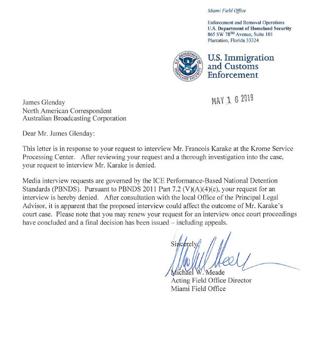 A copy of an official letter from US Immigration and Customs