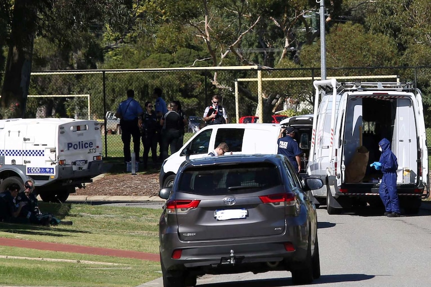 Police cars and officers on a street adjacent to a park surrounded by a cyclone wire fence.