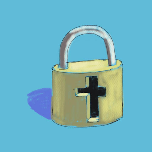 An illustration shows a padlock, its keyhole the shape of a cross.