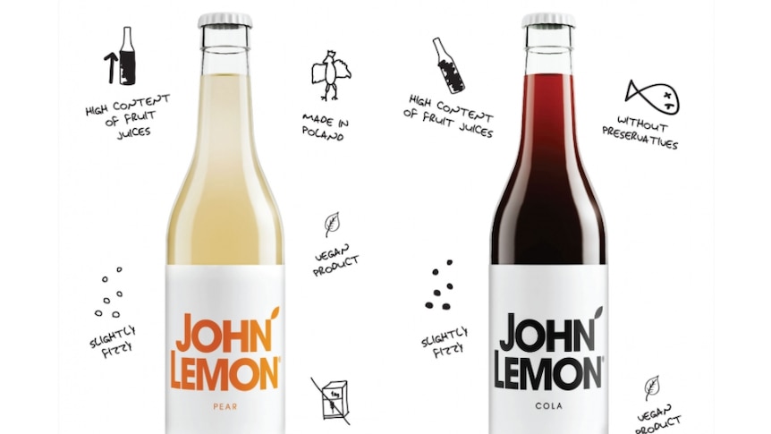 Two 'John Lemon' flavoured drinks, Pear and cola, advertised online.