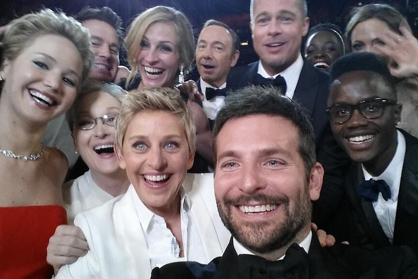 Kevin Spacey in a selfie taken by Ellen DeGeneres  at the 2014 Oscars.