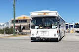 A white bus pulls onto the road after leaving the depot.