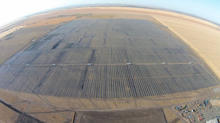 Aerial view of the nearly-completed Moree Solar Farm.