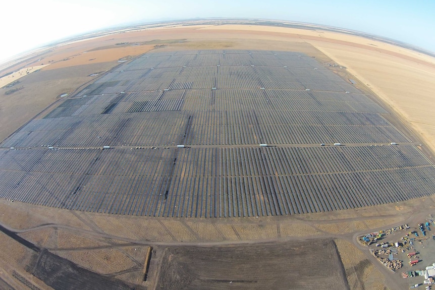 Aerial view of the nearly-completed Moree Solar Farm.