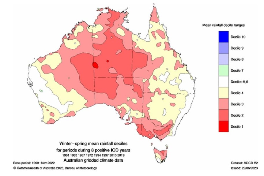 A map showing average rainfall during positive IOD years