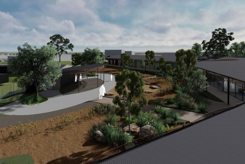 A rendered design of the proposed centre's modern classrooms and lush gardens.