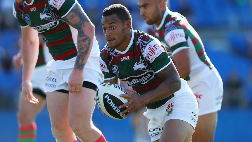 Rabbitohs' Apisai Koroisau runs from dummy half in a trial match against Canterbury.