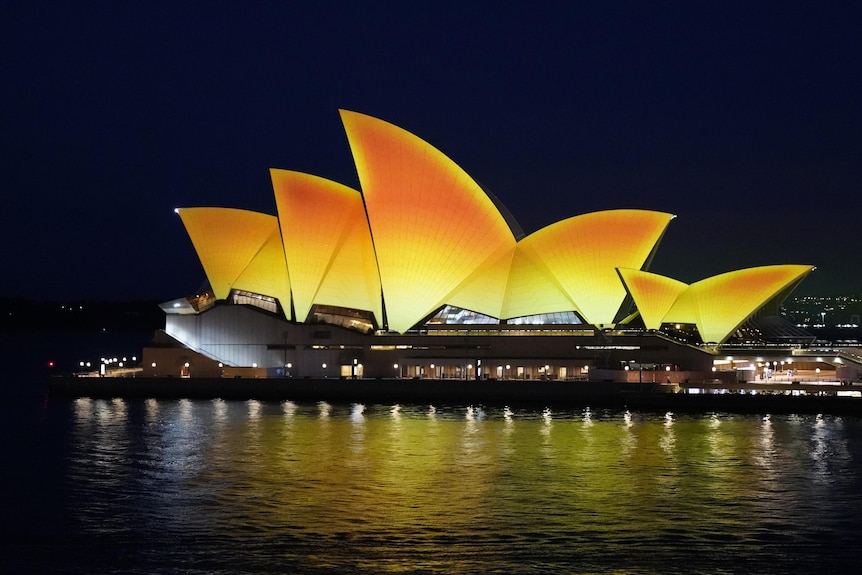 the sails of the opera house building light up in gold 