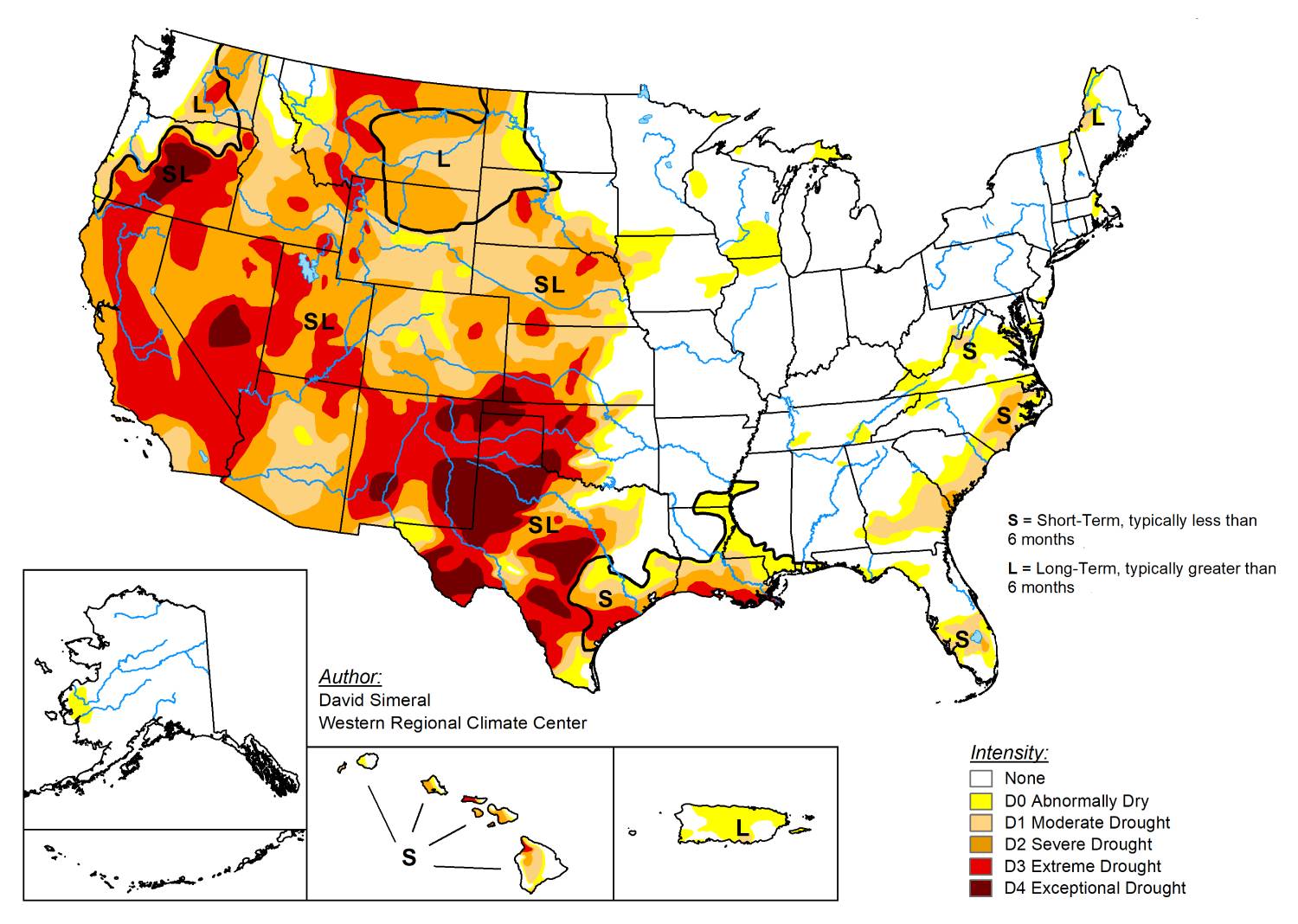 Map of US indicating most of the western US is currently in drought.