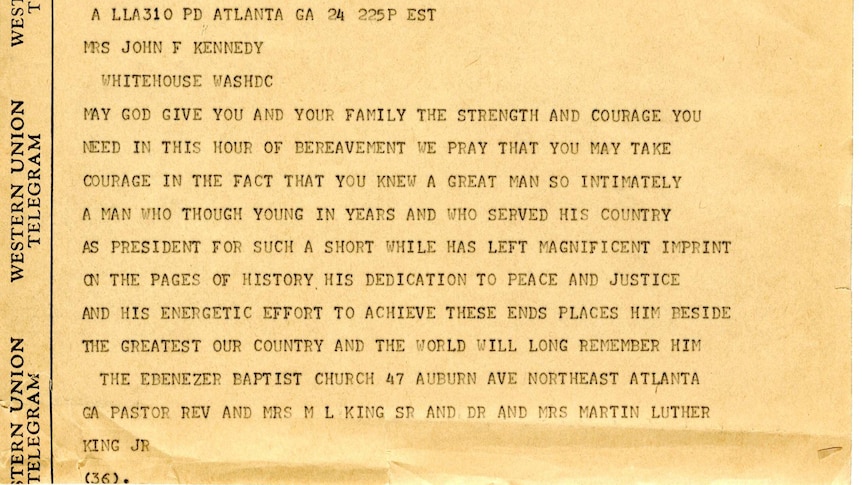 Condolence letter from Dr Martin Luther King to Jacqueline Kennedy.