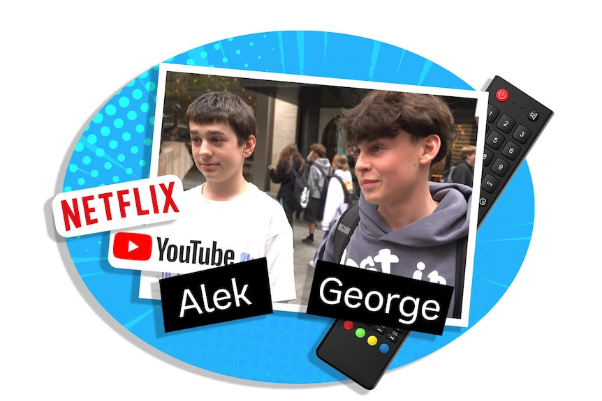 A colourful graphic featuring two teen boys, a remote, and Netflix and YouTube logos.