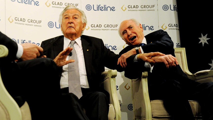 Former prime ministers Bob Hawke and John Howard at a Lifeline lunch in Sydney
