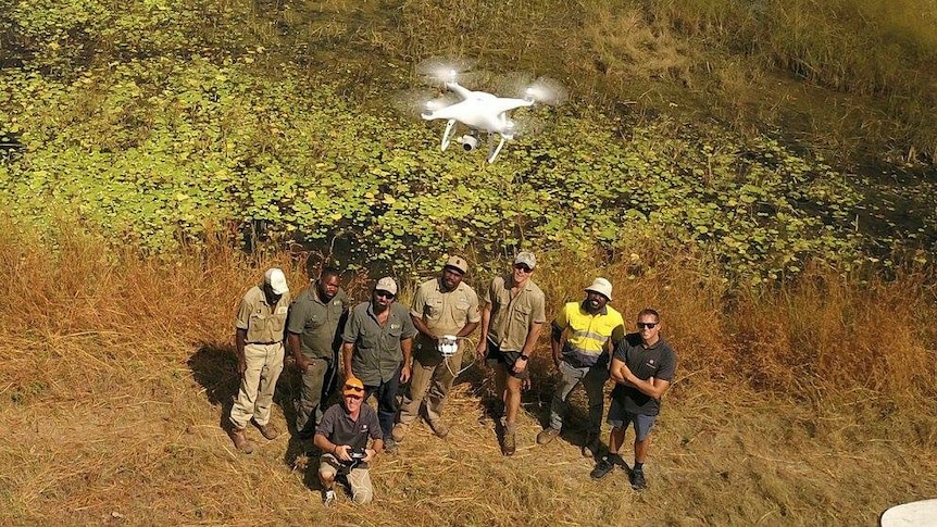 Indigenous rangers in far north Queensland flying a drone during their recent training.