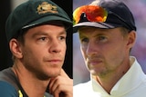 A composite of Tim Paine and Joe Root looking with neutral expressions