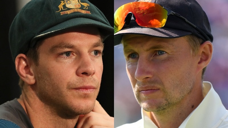 A composite of Tim Paine and Joe Root looking with neutral expressions