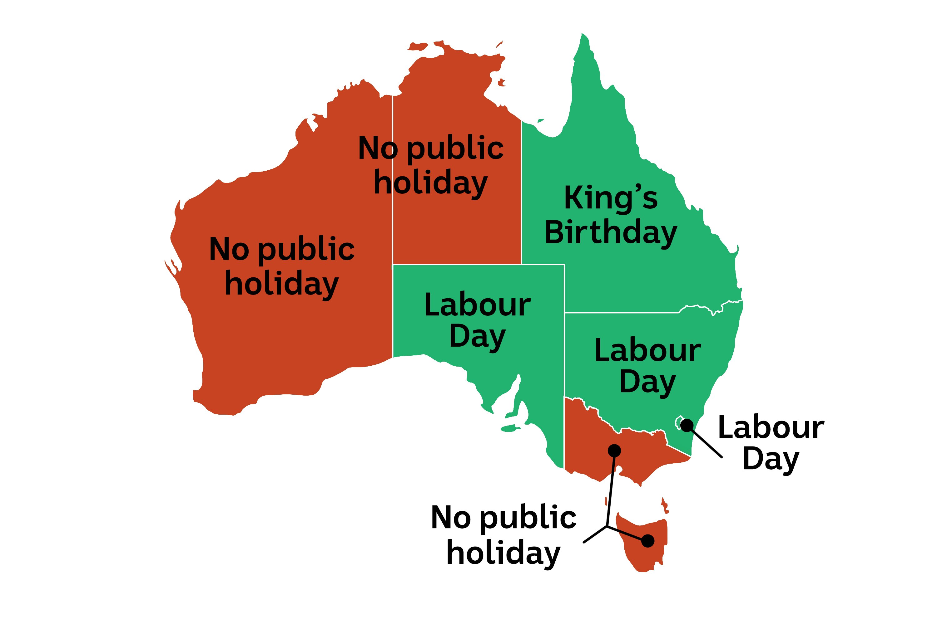 A map showing the ACT, NSW, Queensland and South Australia have public holidays on October 5