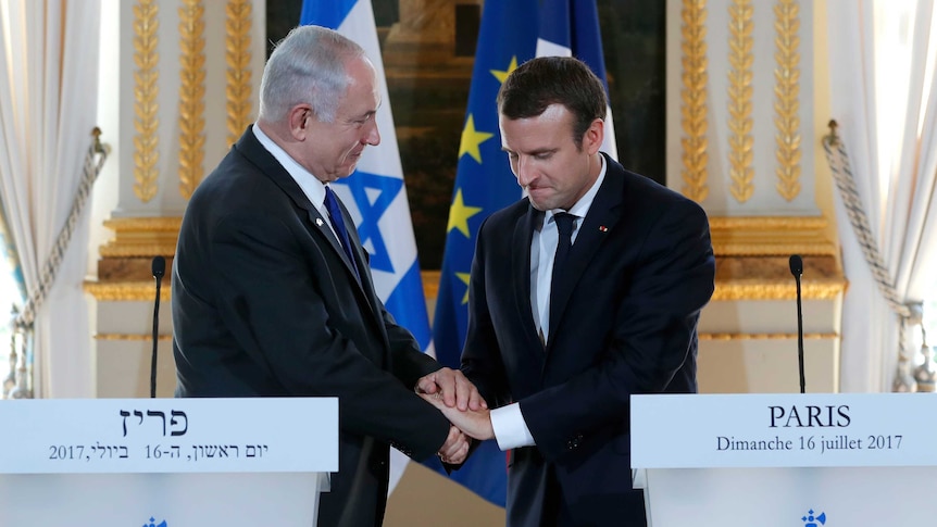 French President Emmanuel Macron and Israeli Prime Minister Benjamin Netanyahu.