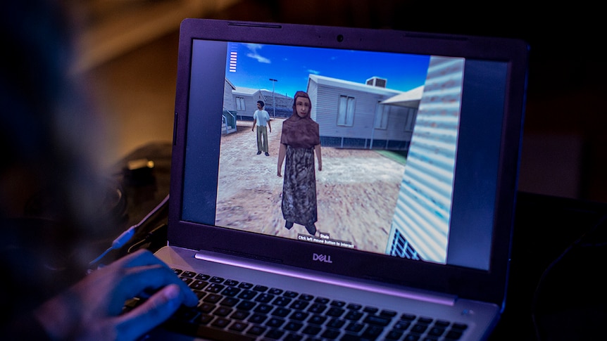 Close-up colour photograph of Escape From Woomera game being played on a laptop.