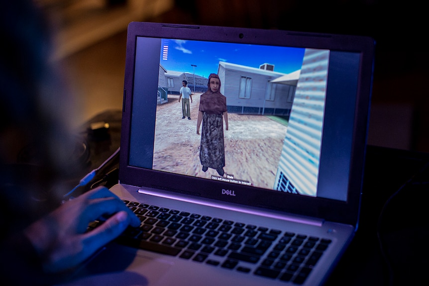 Close-up colour photograph of Escape From Woomera game being played on a laptop.