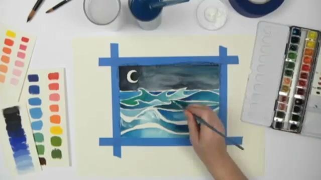 Hand paints picture of ocean waves