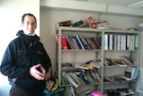 Dominic Jones inside his office the day after Japan's fierce quake