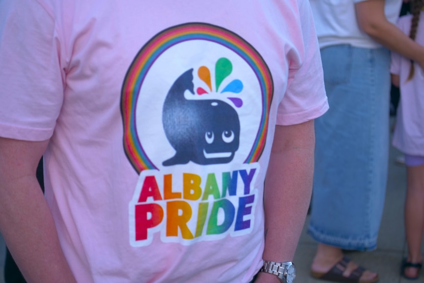 A pink shirt with the Albany Pride logo, which shows a whale surrounded by a rainbow.