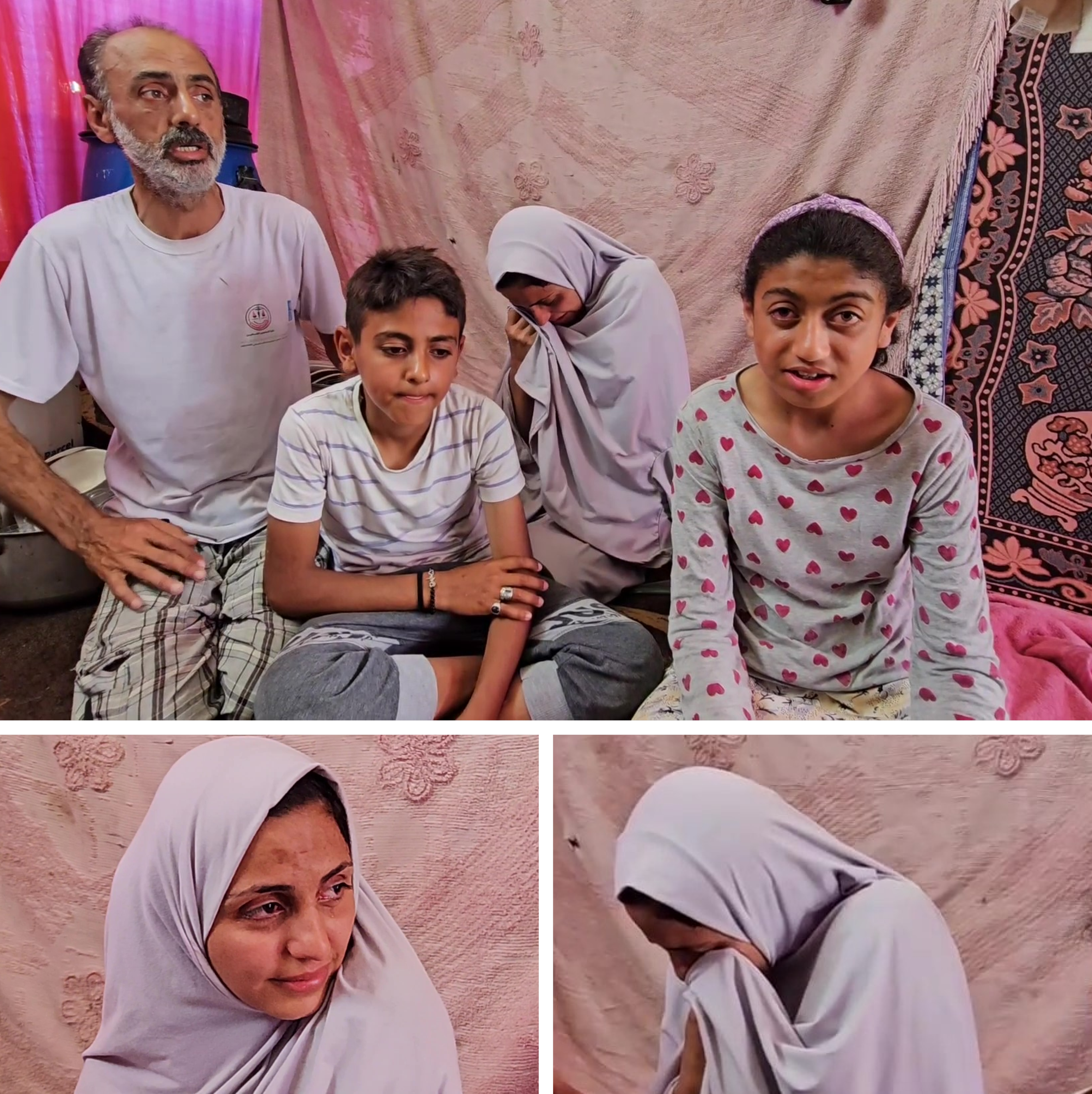 A grid of photos showing a woman wearing a white hijab crying while surrounded by children