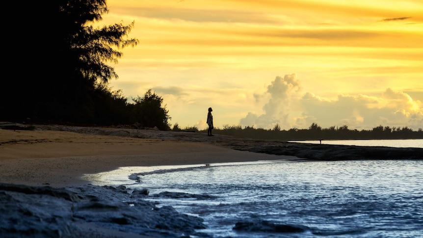 Sunset on the beach on Enewetak Atoll, Marshall Islands, October 2017.